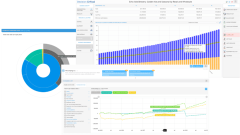 Screenshot of Decision Critical’s financial and operational planning dashboards, including cost breakdown, cashflow forecast, and production scenario charts